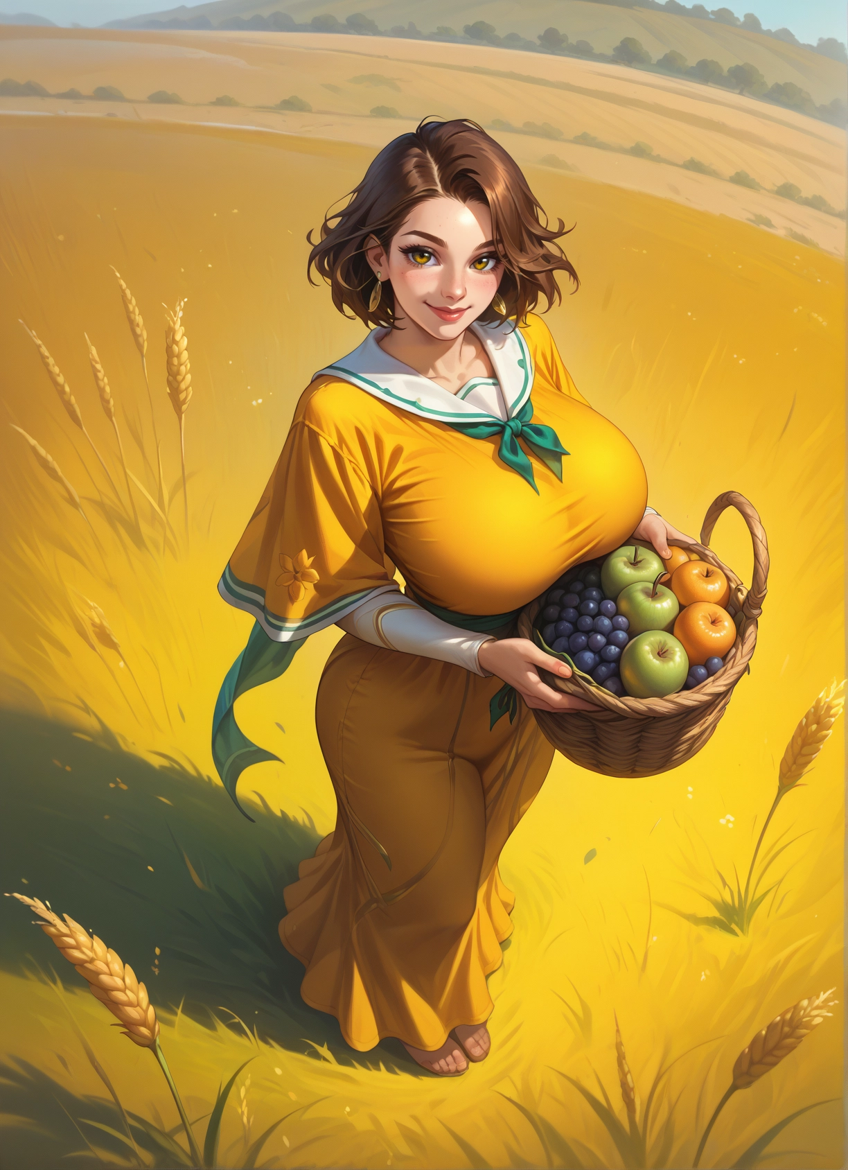 1girl, breasts, food, solo, fruit, brown hair · Yamete.gg