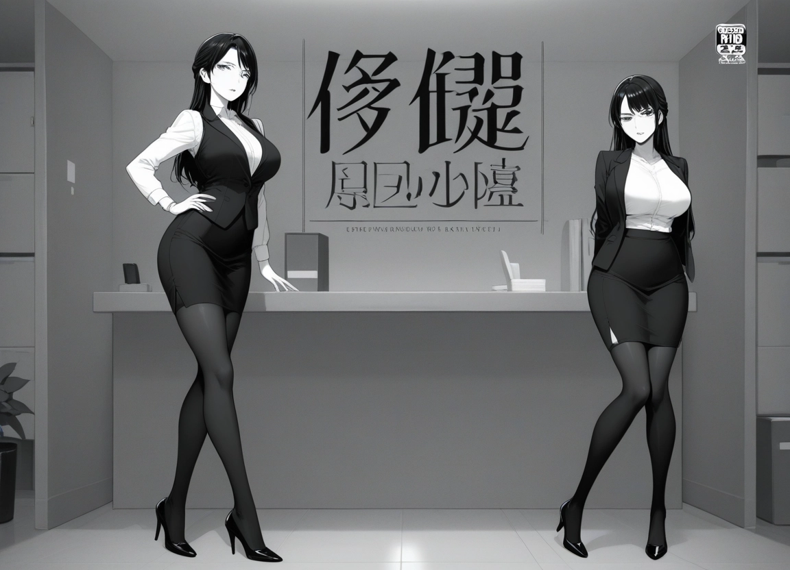 monochrome, pantyhose, breasts, greyscale, skirt, high heels · Yamete.gg