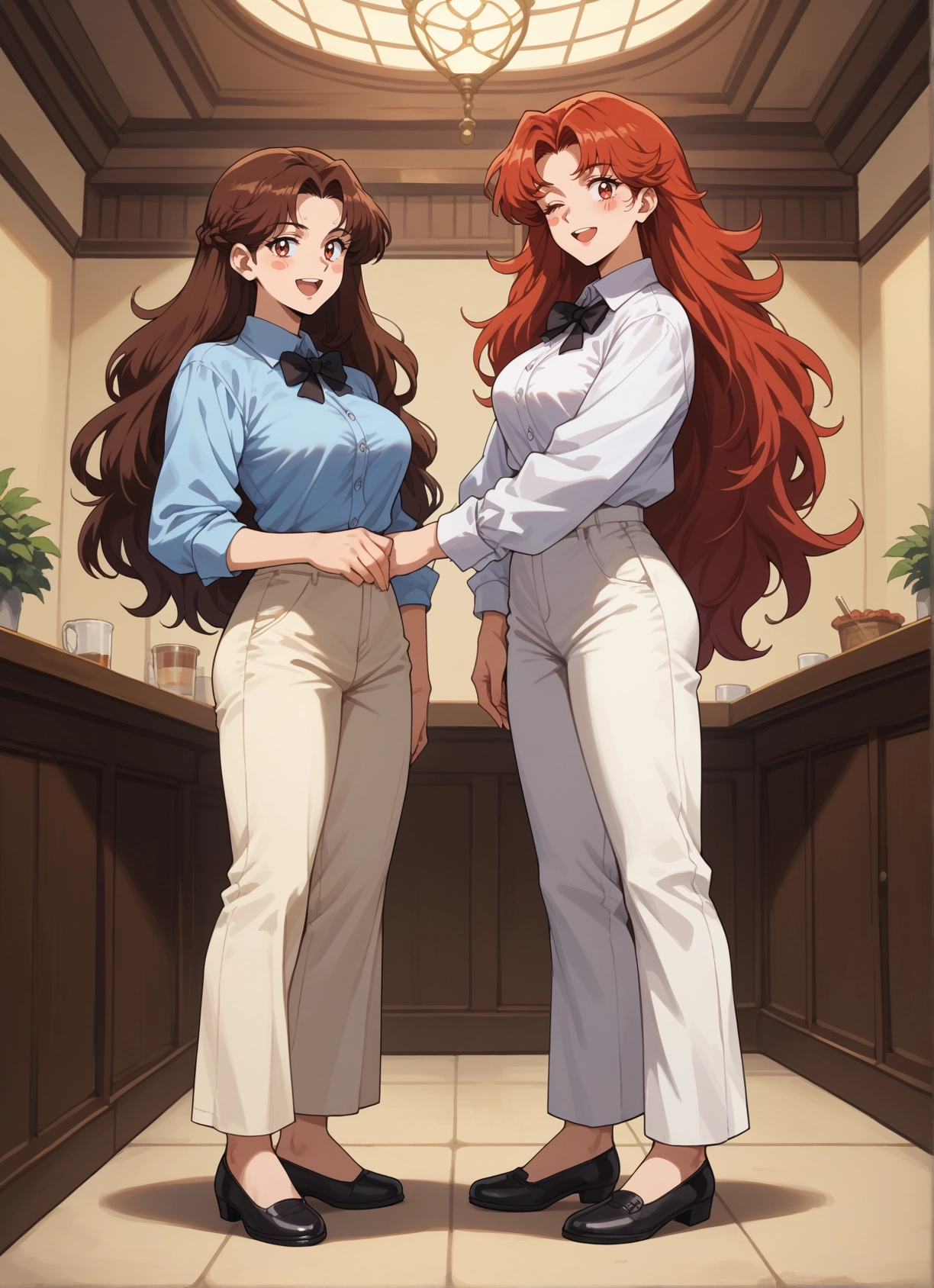 multiple girls, 2girls, brown hair, long hair, one eye closed, open mouth