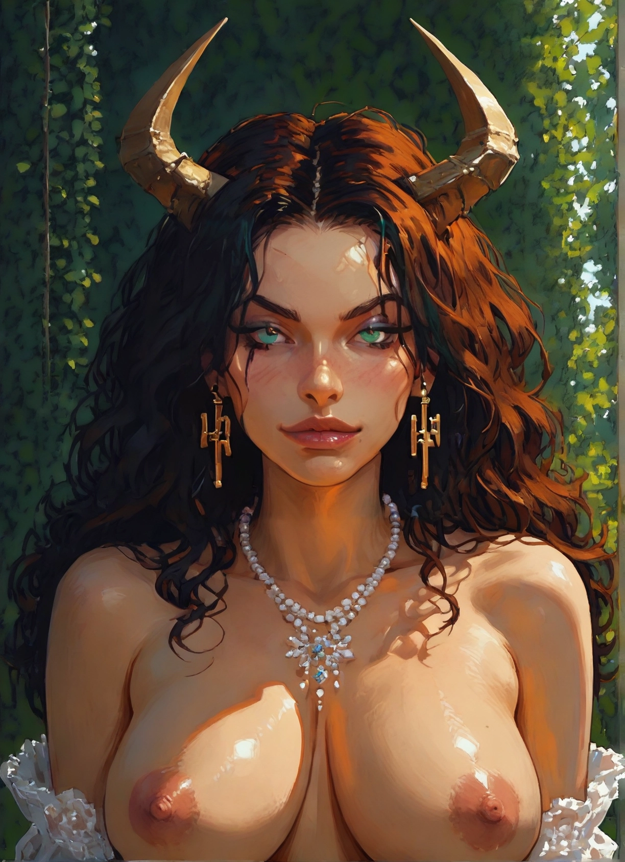 1girl, nipples, breasts, solo, jewelry, horns · Yamete.gg
