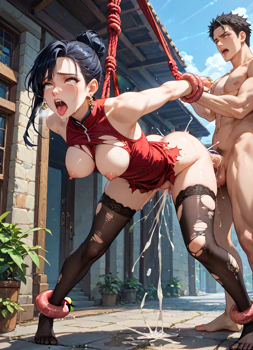 1girl, breasts, thighhighs, black hair, 1boy, ahegao