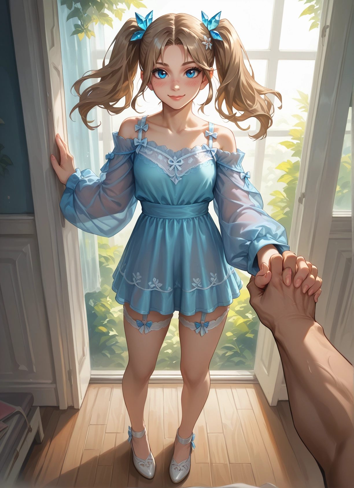 1girl, twintails, blue eyes, dress, holding hands, looking at viewer · Yamete.gg