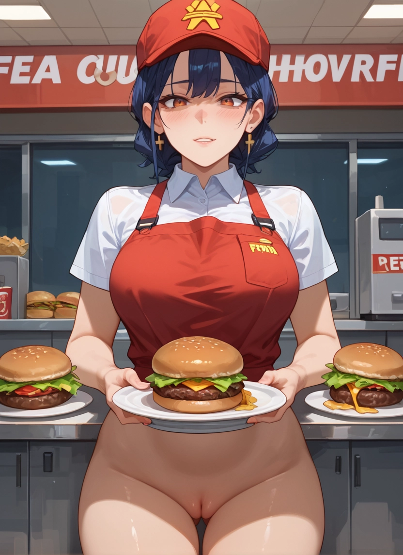 1girl, food, pussy, burger, jewelry, earrings · Yamete.gg