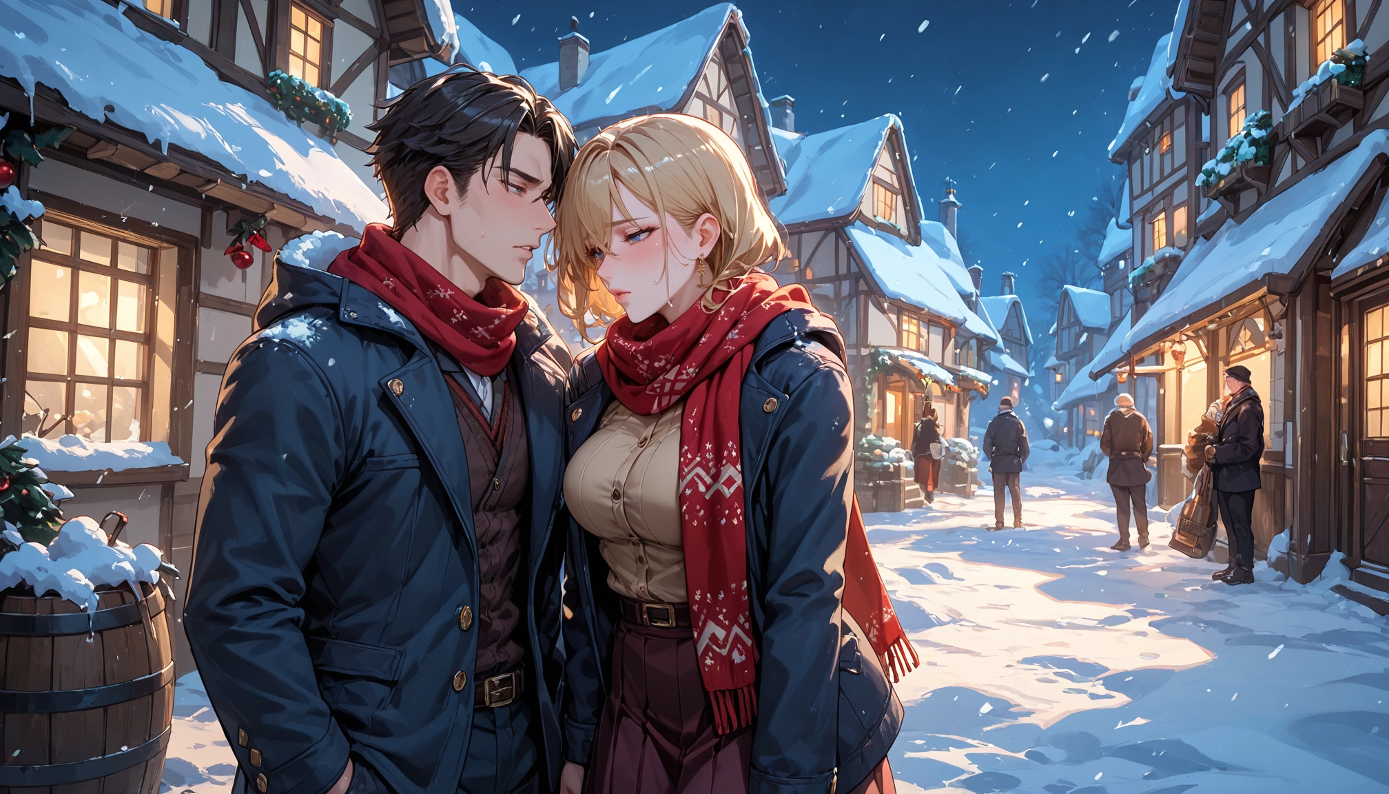 scarf, snow, blonde hair, skirt, blue eyes, blush · Yamete.gg