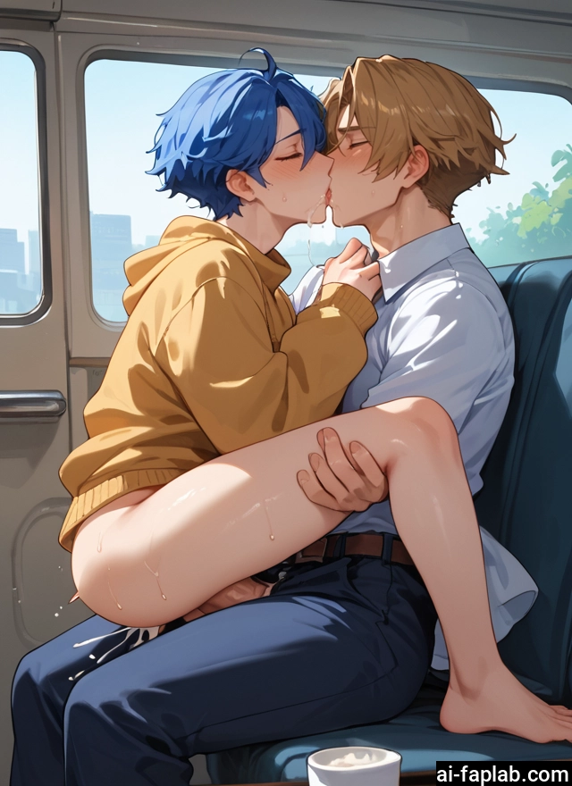 yaoi, kiss, multiple boys, blue hair, 2boys, male focus