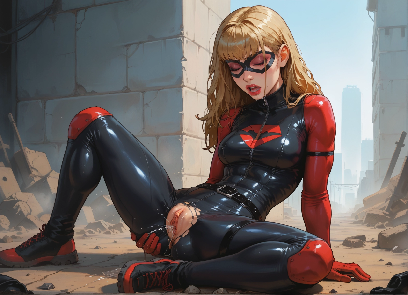 1girl, solo, pussy, bodysuit, blonde hair, torn clothes · Yamete.gg