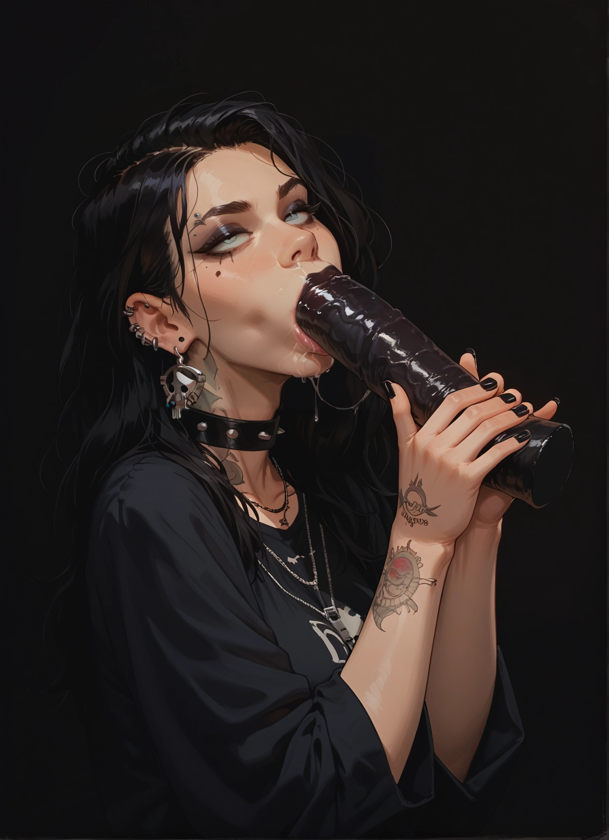 1girl, black hair, jewelry, oral, tattoo, earrings · Yamete.gg