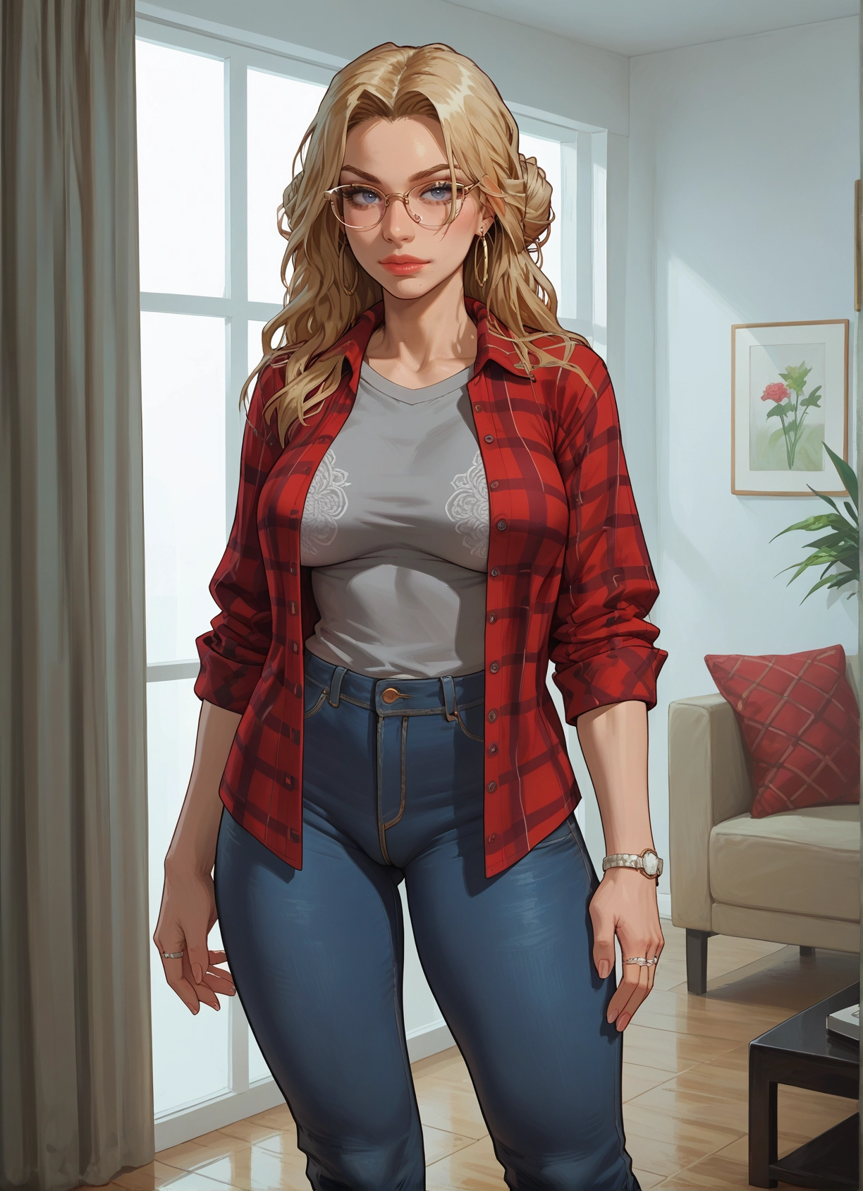 1girl, jewelry, pants, blonde hair, blue eyes, earrings · Yamete.gg