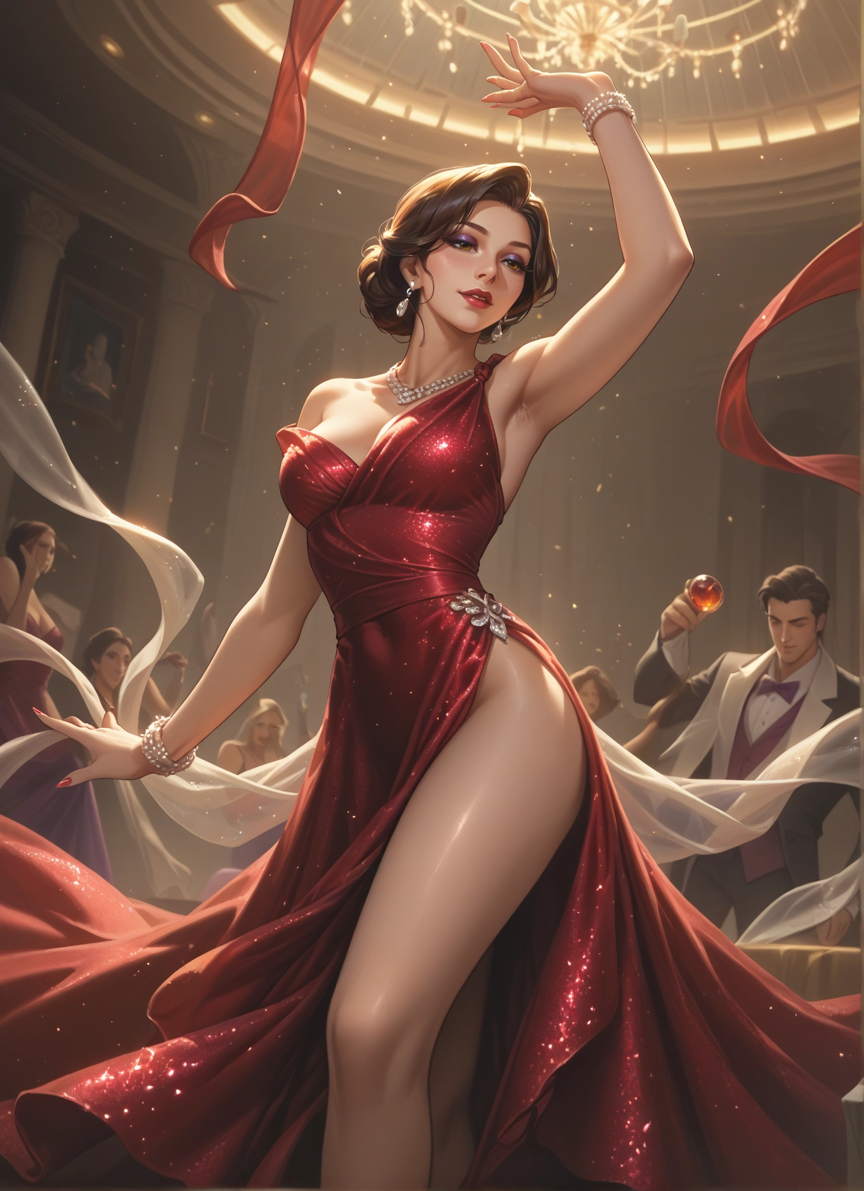 dress, jewelry, breasts, earrings, red dress, necklace · Yamete.gg