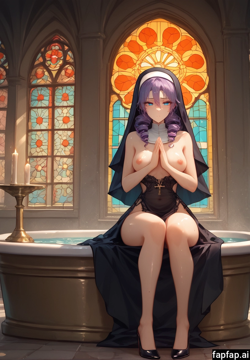 1girl, breasts, nipples, solo, nun, purple hair · Yamete.gg