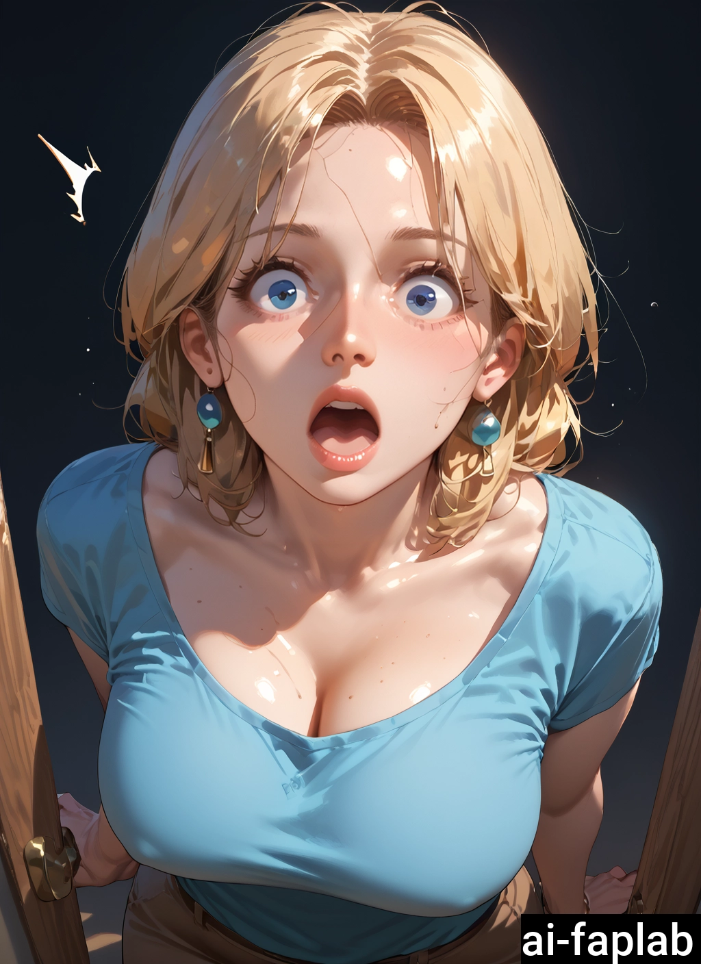 1girl, breasts, shirt, open mouth, blonde hair, blue eyes