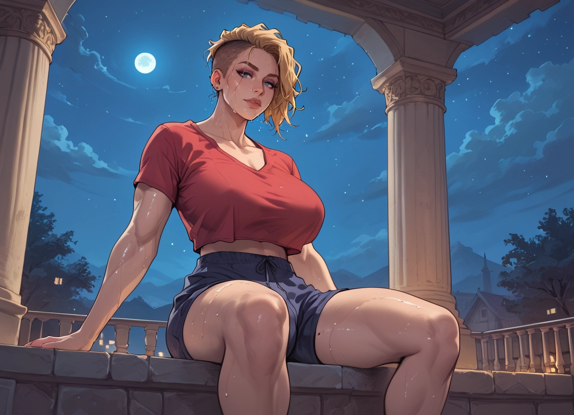 1girl, breasts, shorts, solo, blonde hair, night · Yamete.gg