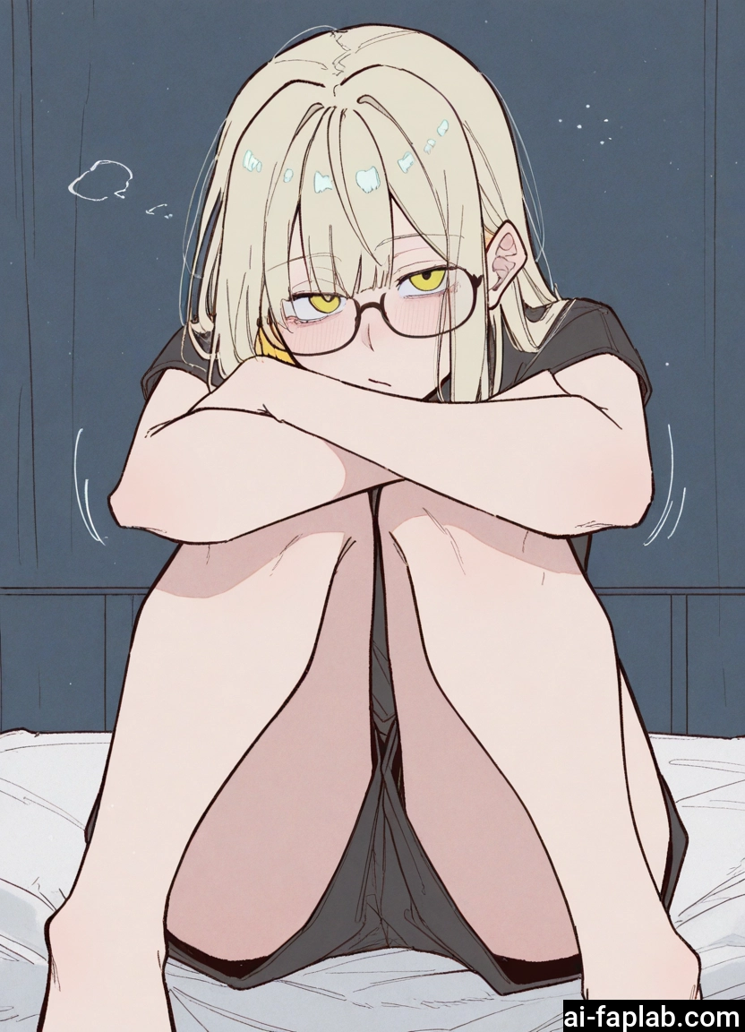 1girl, solo, glasses, yellow eyes, sitting, shorts