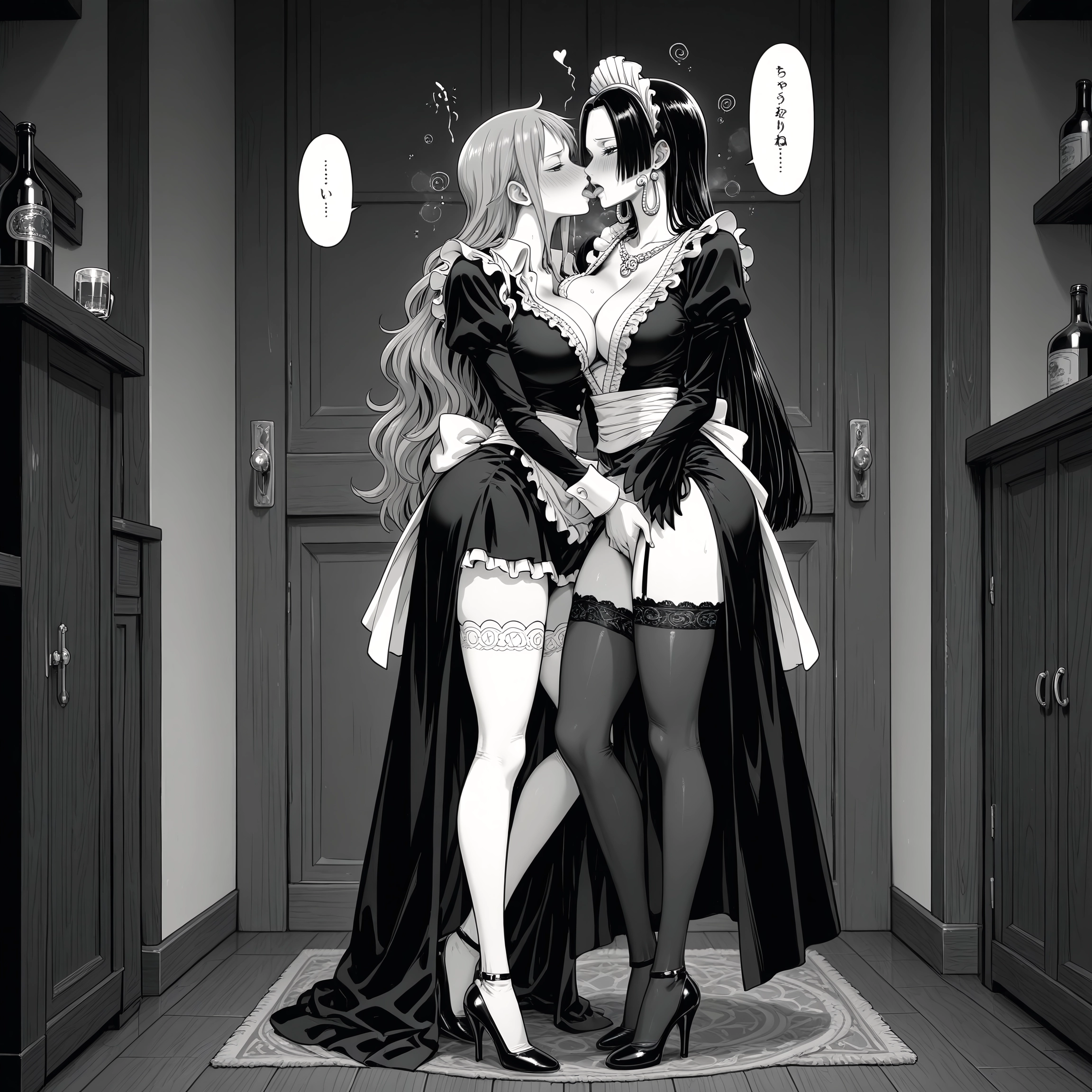 multiple girls, monochrome, greyscale, 2girls, breasts, yuri · Yamete.gg