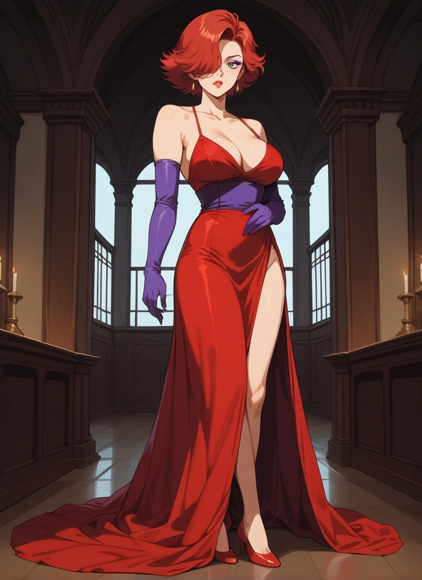 1girl, breasts, dress, gloves, hair over one eye, jewelry · Yamete.gg
