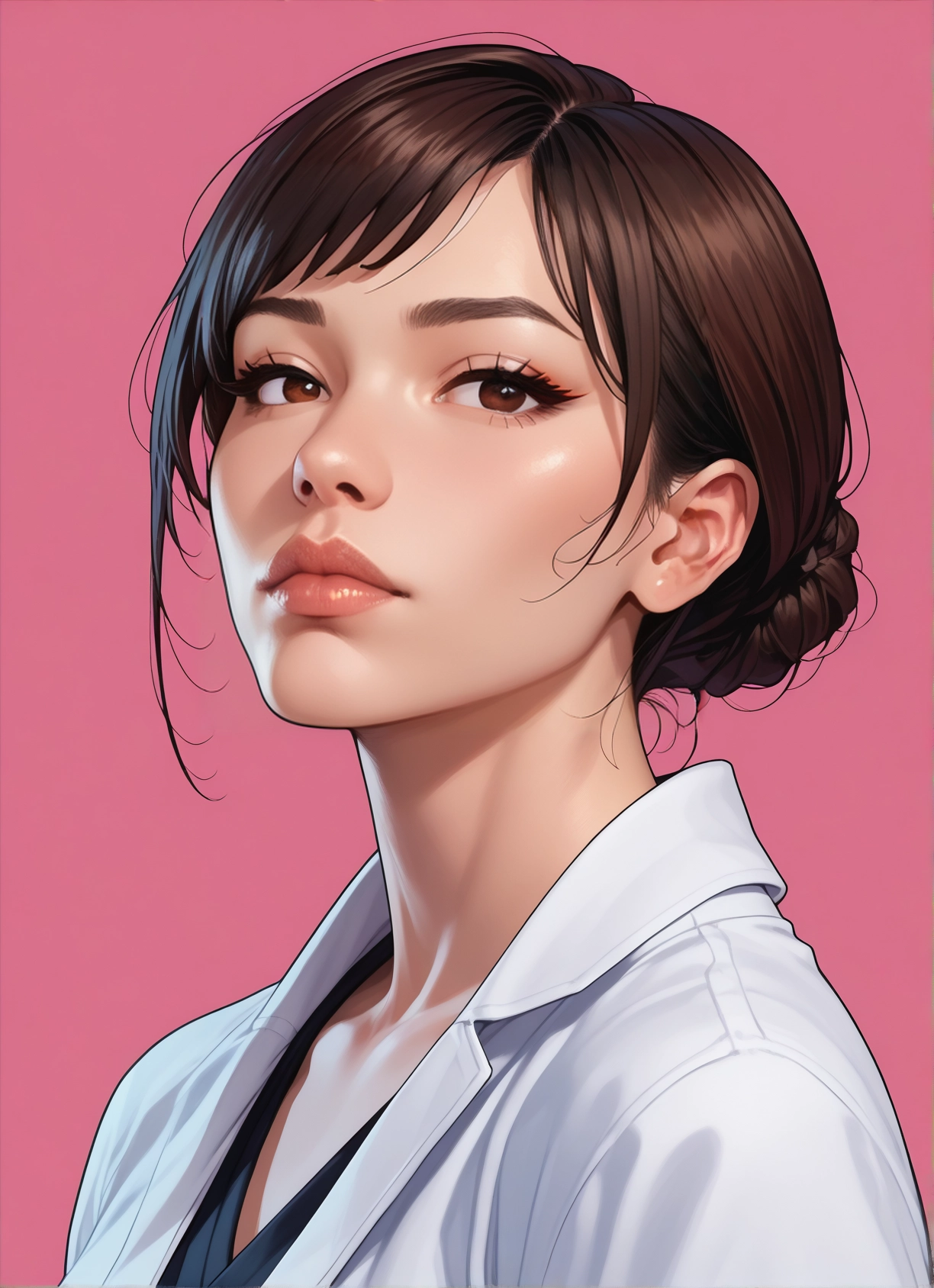 1girl, solo, brown hair, brown eyes, looking at viewer, pink background · Yamete.gg
