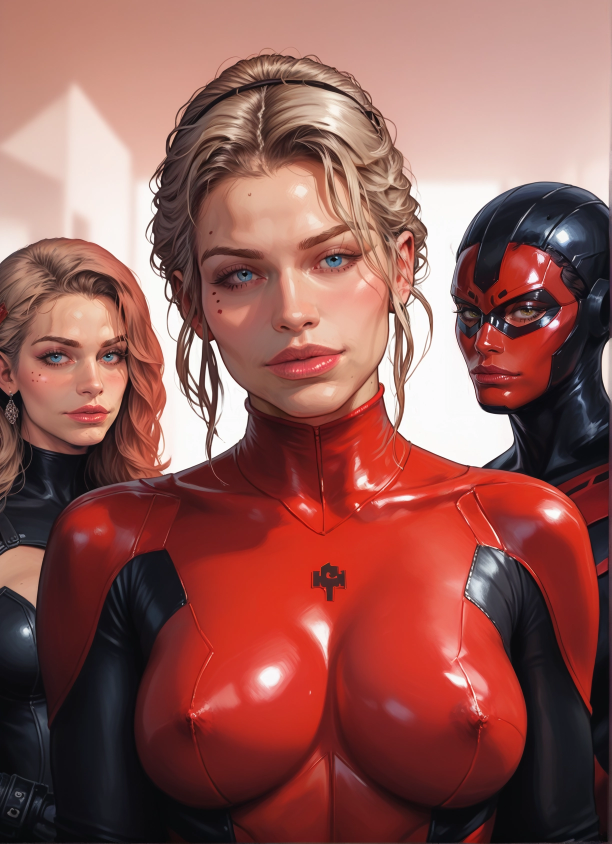 multiple girls, blue eyes, breasts, blonde hair, mole, bodysuit · Yamete.gg