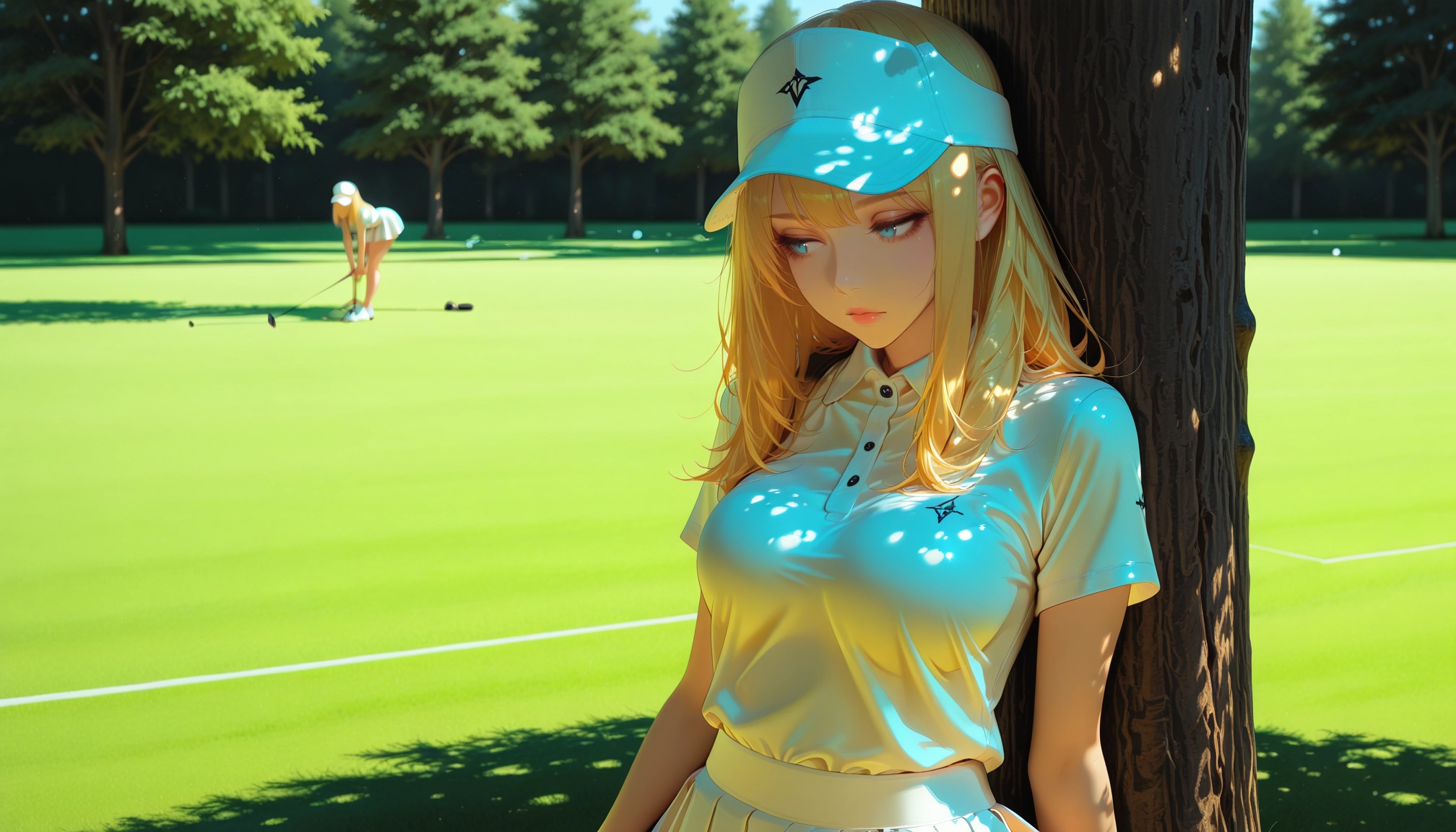 blonde hair, sportswear, tree, outdoors, visor cap, blue eyes · Yamete.gg