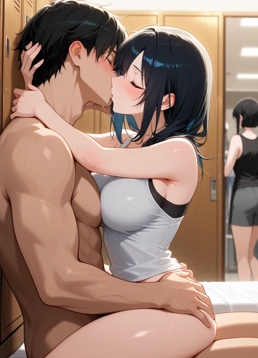 breasts, kiss, 1boy, multiple girls, hetero, black hair · Yamete.gg