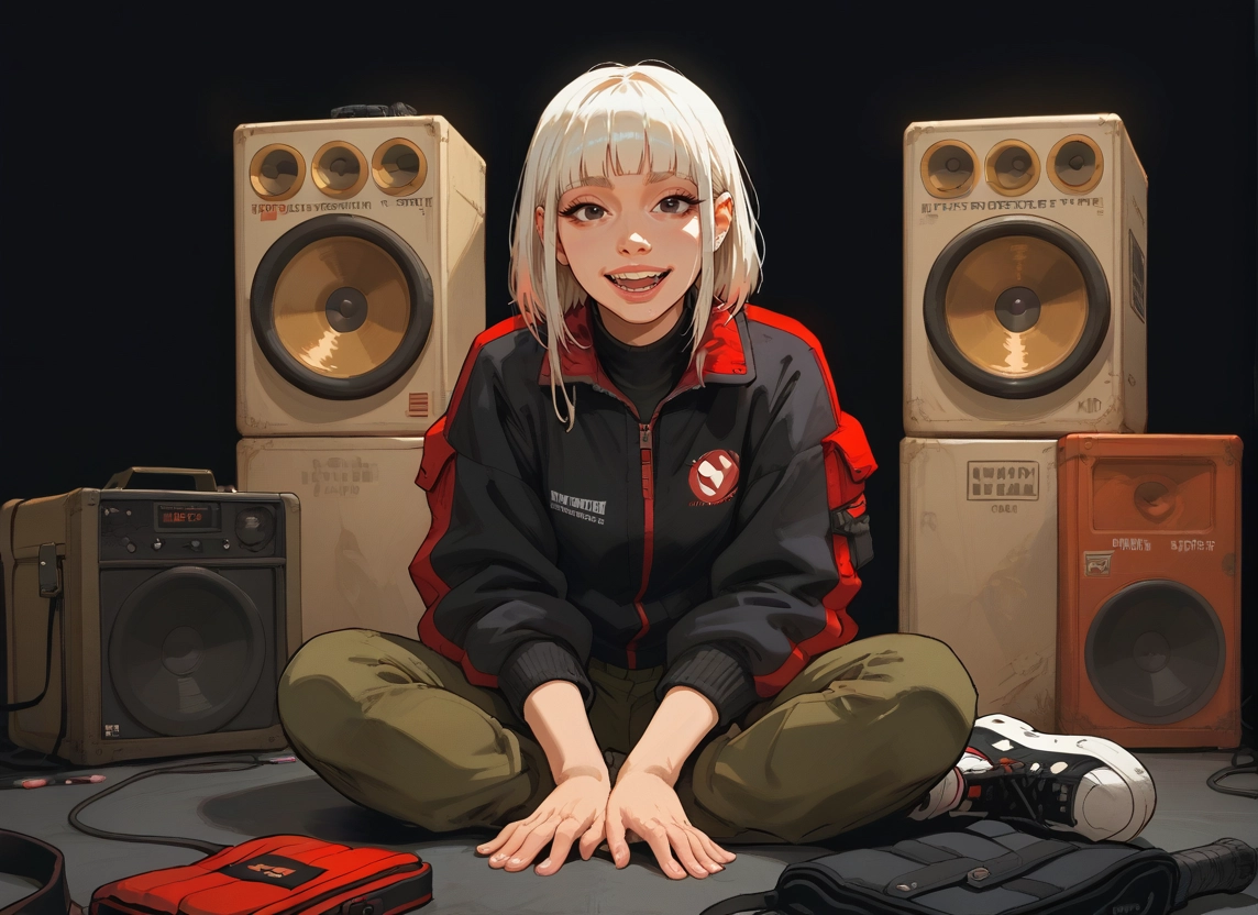 1girl, solo, speaker, jacket, sitting, looking at viewer · Yamete.gg