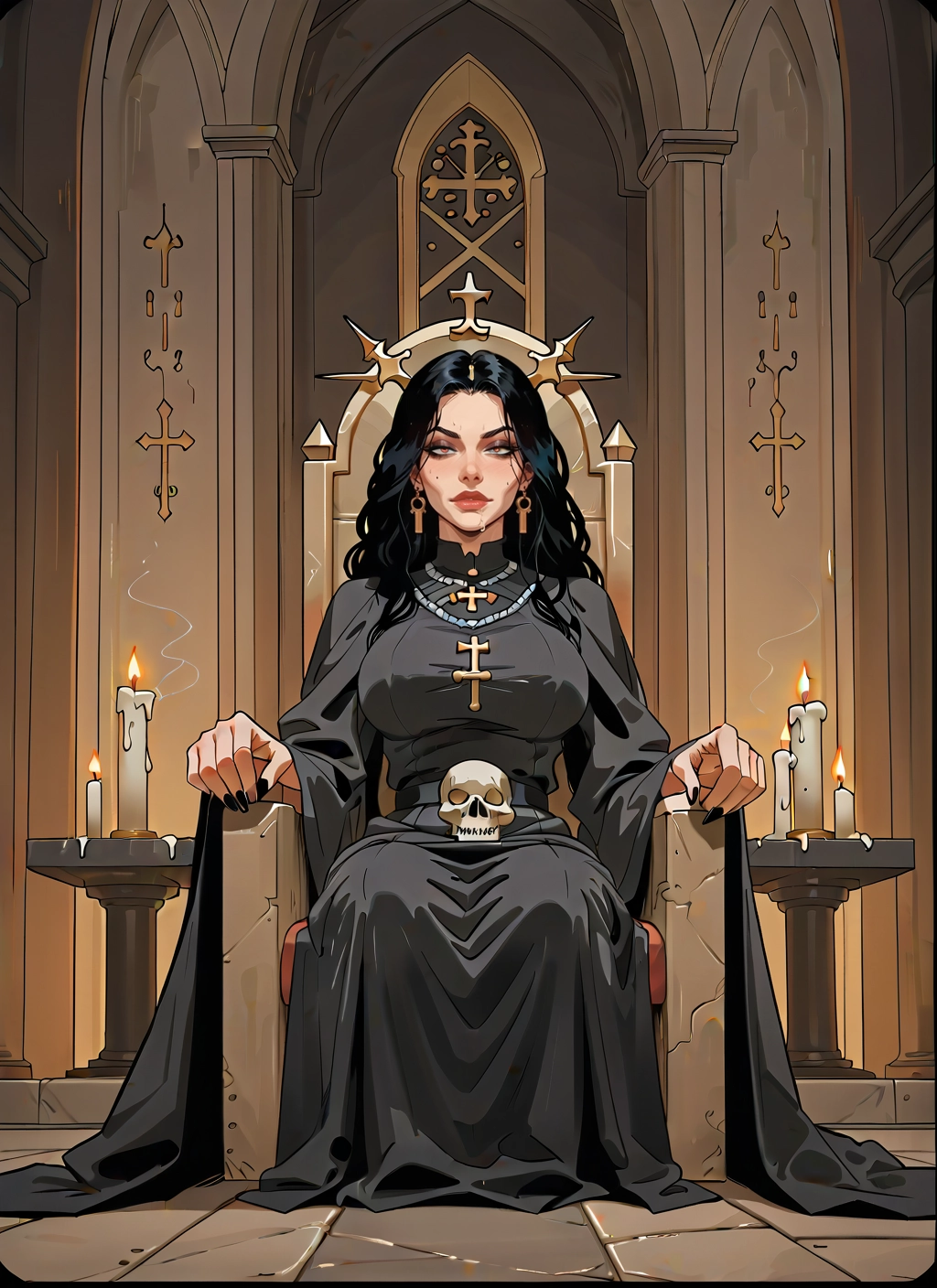 1girl, black hair, jewelry, cross, candle, earrings · Yamete.gg