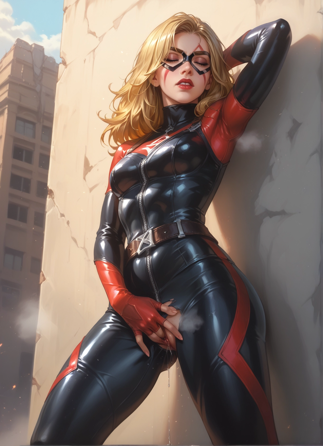 1girl, solo, blonde hair, bodysuit, pussy juice, gloves · Yamete.gg