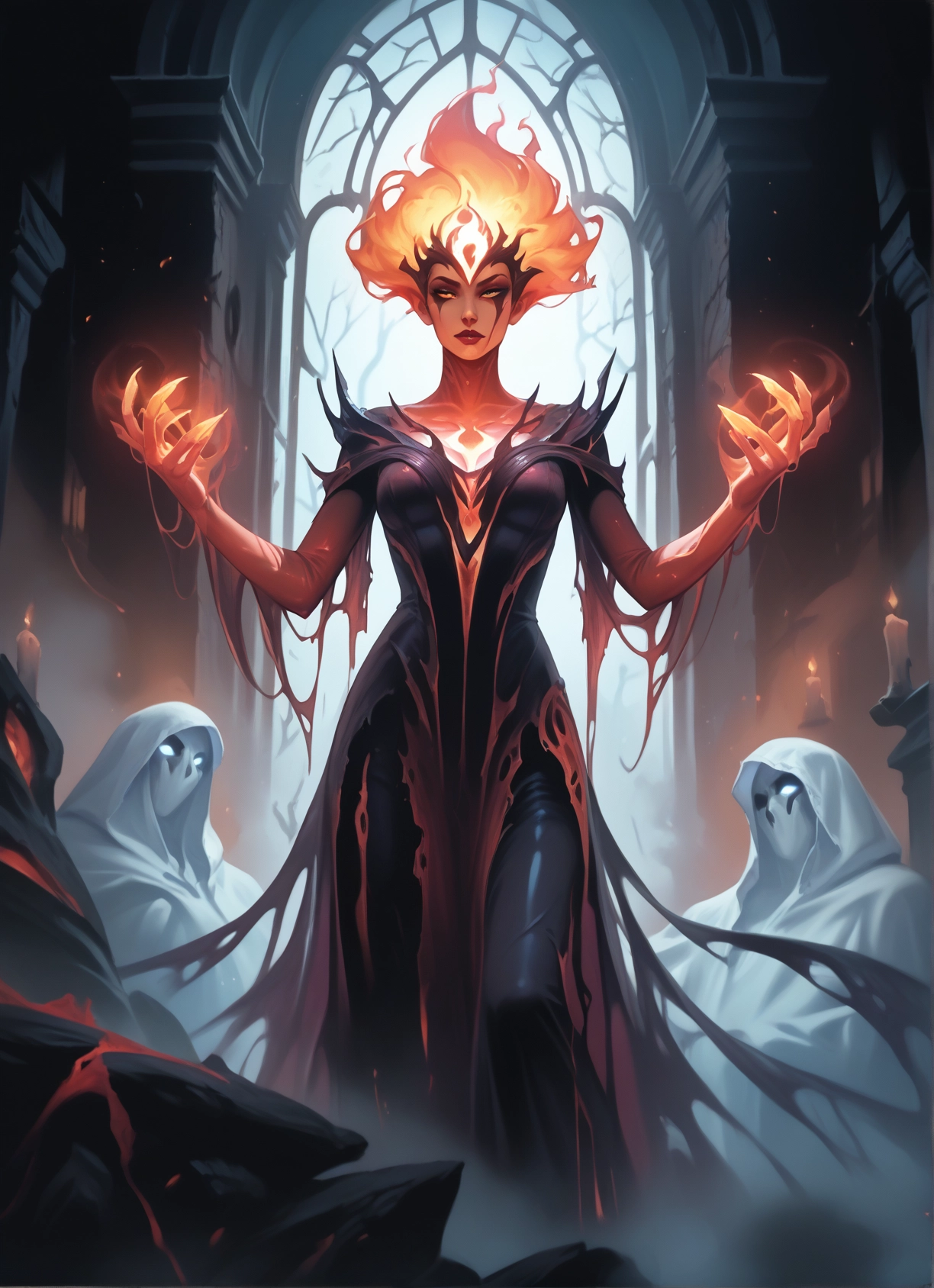 1girl, candle, orange hair, breasts, fire, dress · Yamete.gg