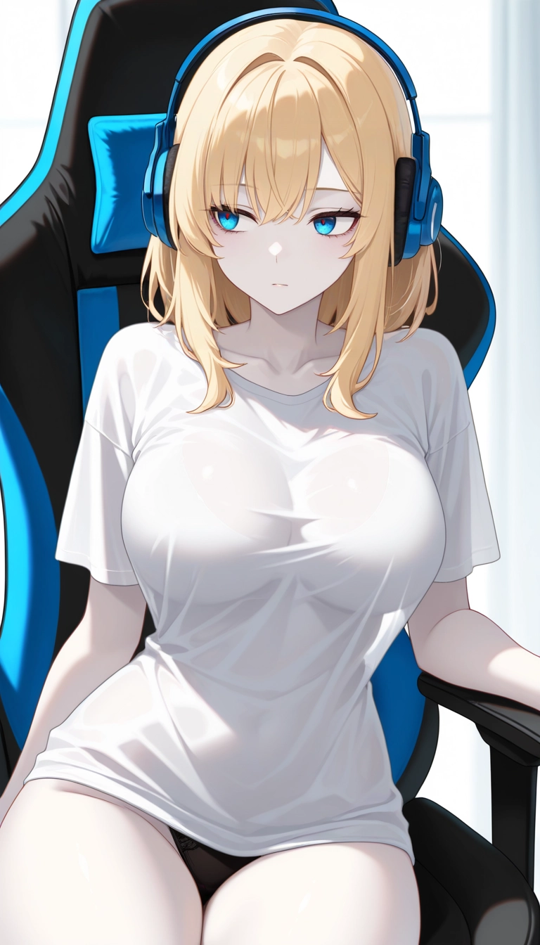 1girl, solo, breasts, blonde hair, shirt, blue eyes · Yamete.gg