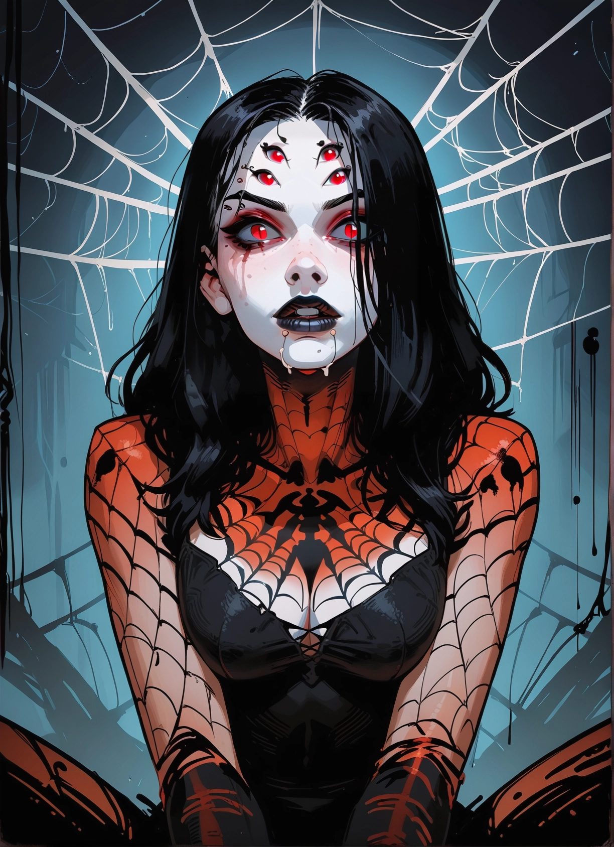 1girl, black hair, red eyes, solo, breasts, spider web · Yamete.gg