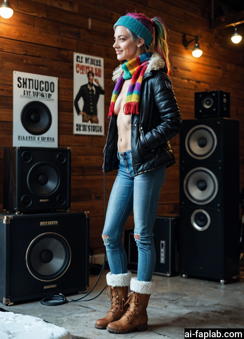 1girl, pants, scarf, denim, boots, solo