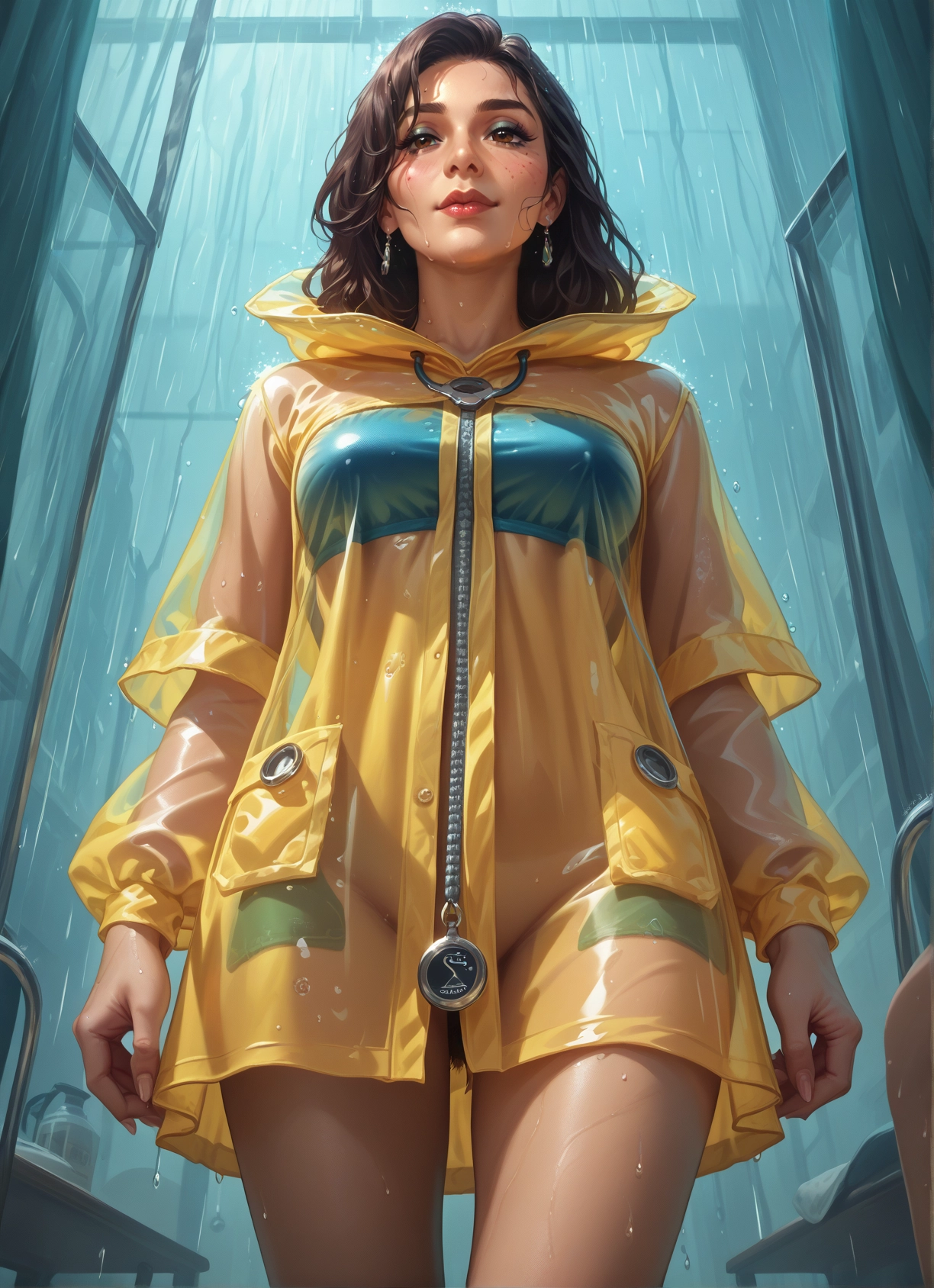 raincoat, 1girl, jewelry, earrings, brown hair, wet · Yamete.gg