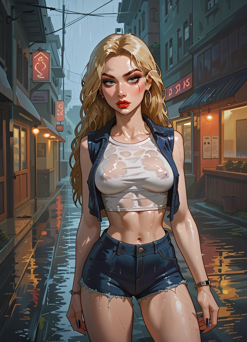 rain, 1girl, wet, wet clothes, shorts, denim · Yamete.gg