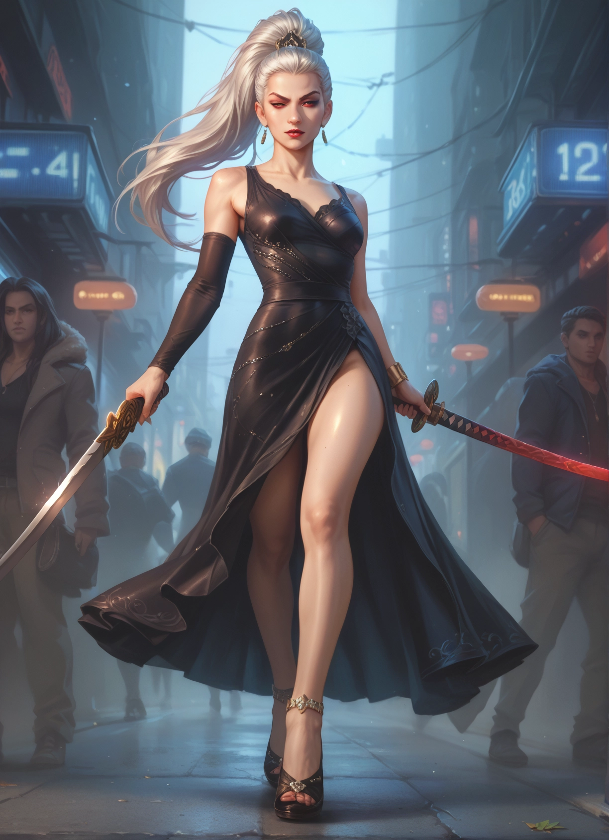 weapon, sword, 1girl, dress, jewelry, earrings · Yamete.gg