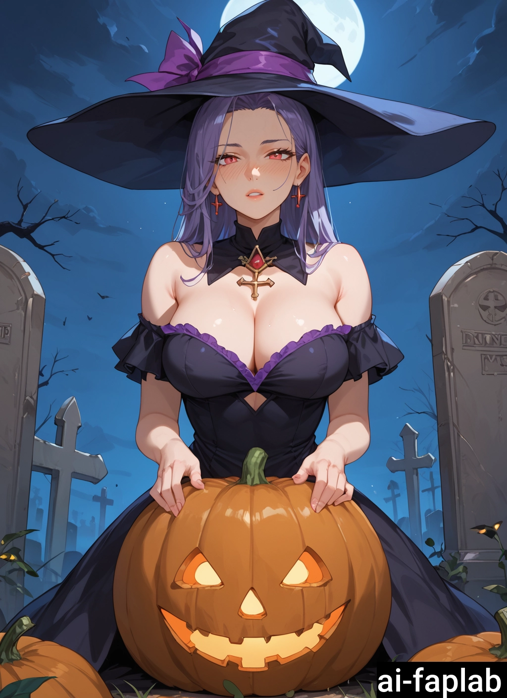 1girl, breasts, tombstone, graveyard, hat, witch hat · Yamete.gg