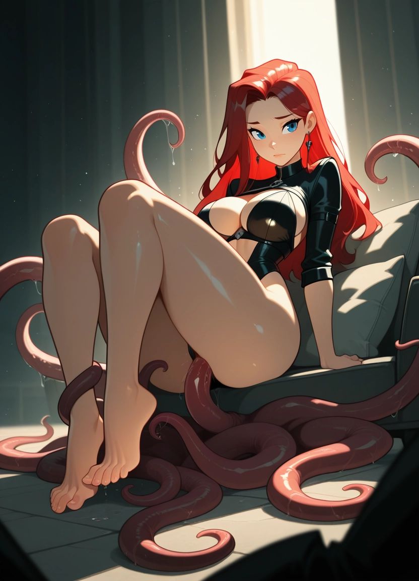 1girl, breasts, red hair, tentacles, barefoot, feet