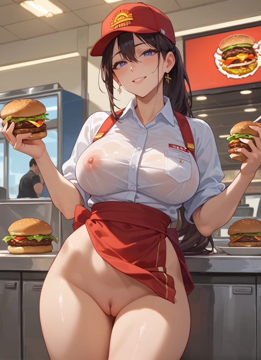 breasts, food, pussy, 1girl, burger, hat · Yamete.gg