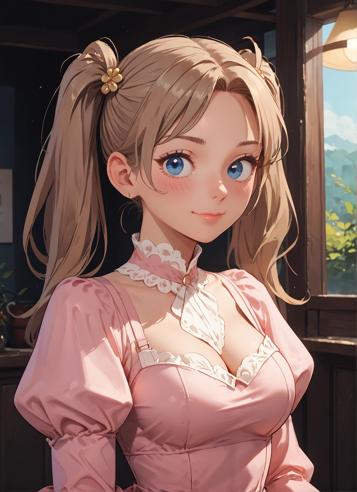 1girl, breasts, blue eyes, solo, twintails, cleavage · Yamete.gg