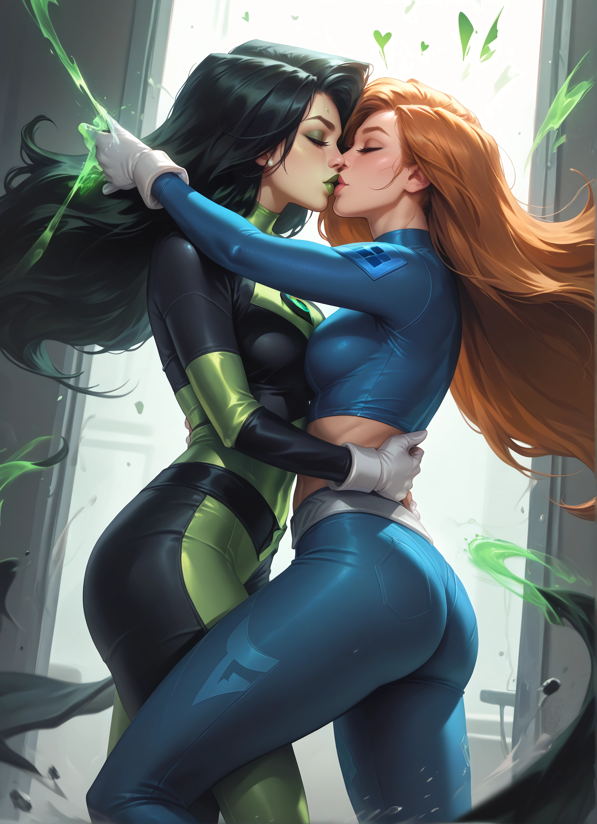 multiple girls, 2girls, yuri, closed eyes, kiss, breasts · Yamete.gg