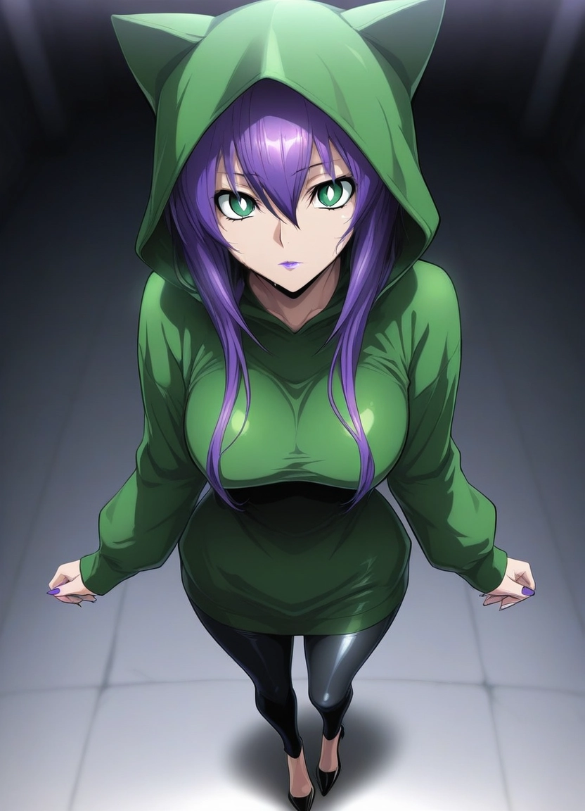 1girl, hood, solo, purple hair, breasts, green eyes