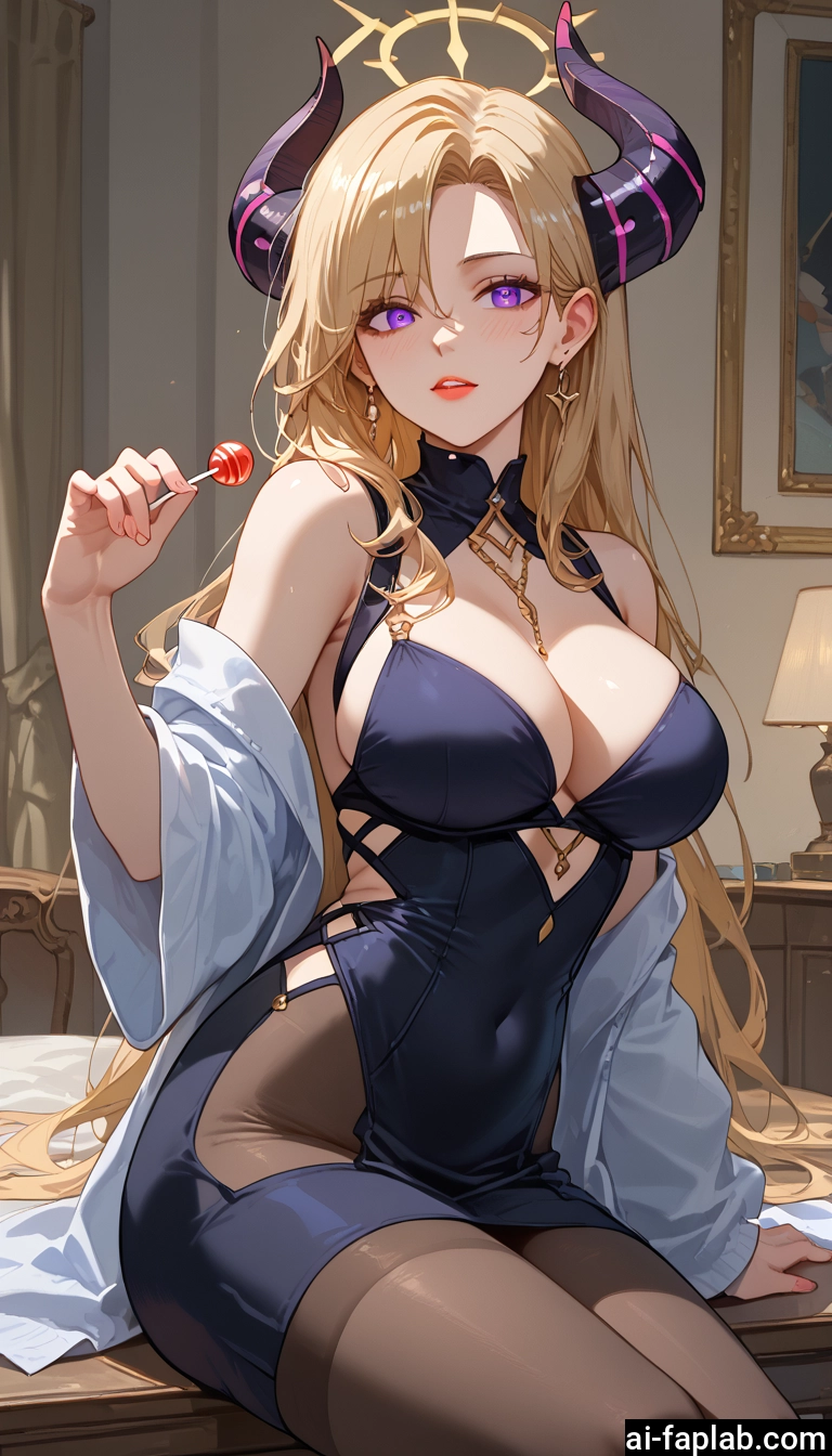 1girl, breasts, food, horns, candy, pantyhose · Yamete.gg