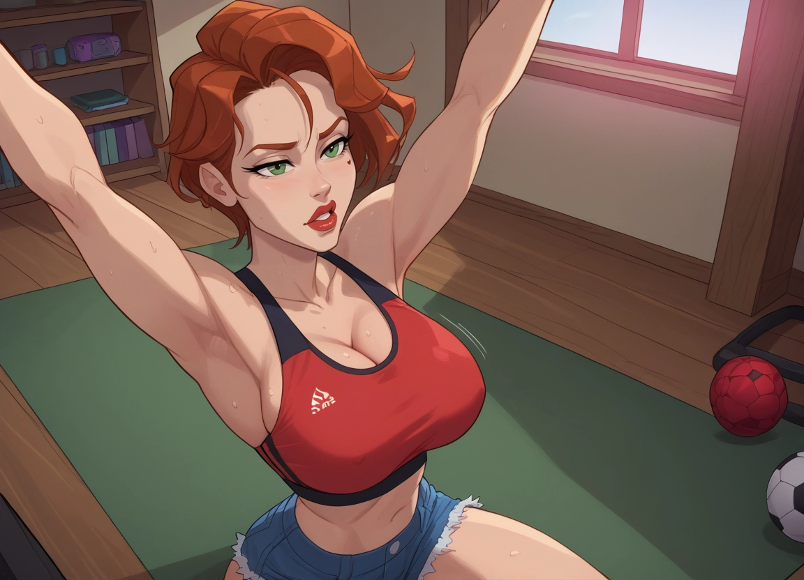 1girl, breasts, shorts, green eyes, large breasts, armpits · Yamete.gg