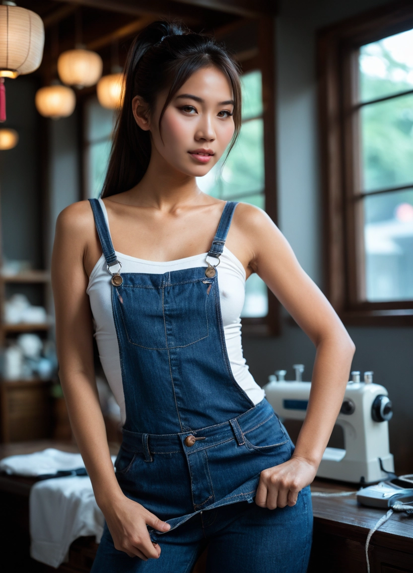 1girl, solo, overalls, realistic, denim, ponytail · Yamete.gg