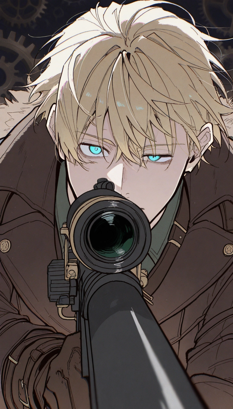 1boy, weapon, solo, blonde hair, male focus, gun