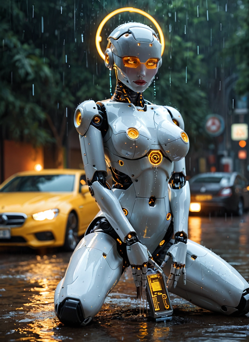 1girl, ground vehicle, rain, motor vehicle, car, solo