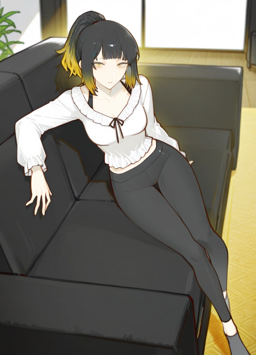 1girl, solo, couch, multicolored hair, looking at viewer, black hair · Yamete.gg