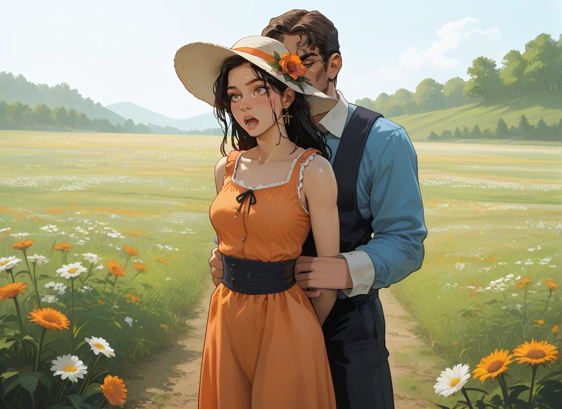 1girl, 1boy, flower, hat, outdoors, jewelry · Yamete.gg