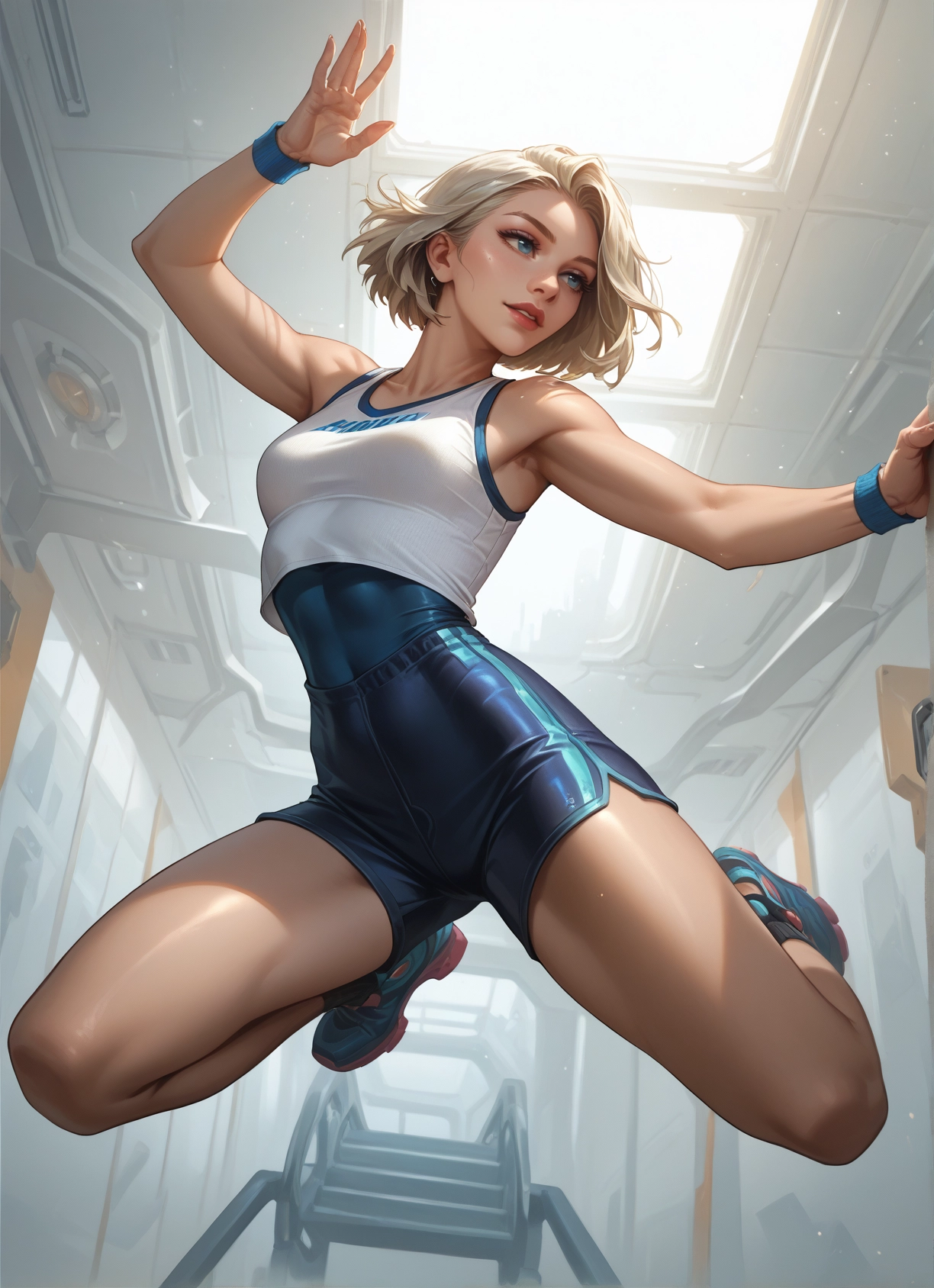 1girl, solo, blue eyes, shorts, short hair, breasts · Yamete.gg