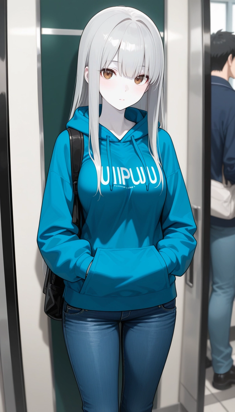 1girl, hood, denim, hoodie, brown eyes, bag · Yamete.gg