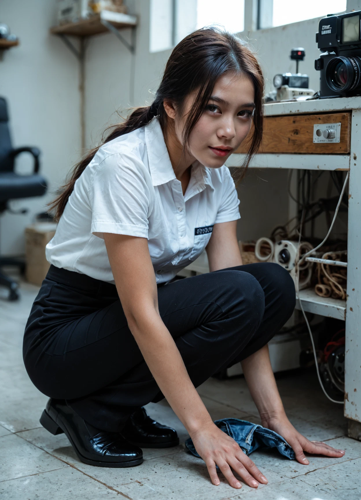 1girl, realistic, asian, squatting, solo, shirt · Yamete.gg