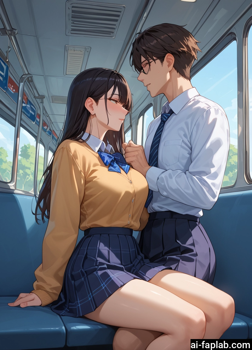 1girl, 1boy, skirt, long hair, sitting, train interior · Yamete.gg